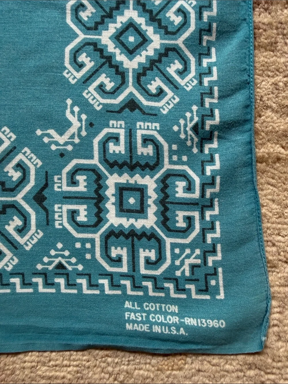VTG Turquoise Blue Aztec Geometric Cotton Bandana Made in USA RN13960 80’s-90’s